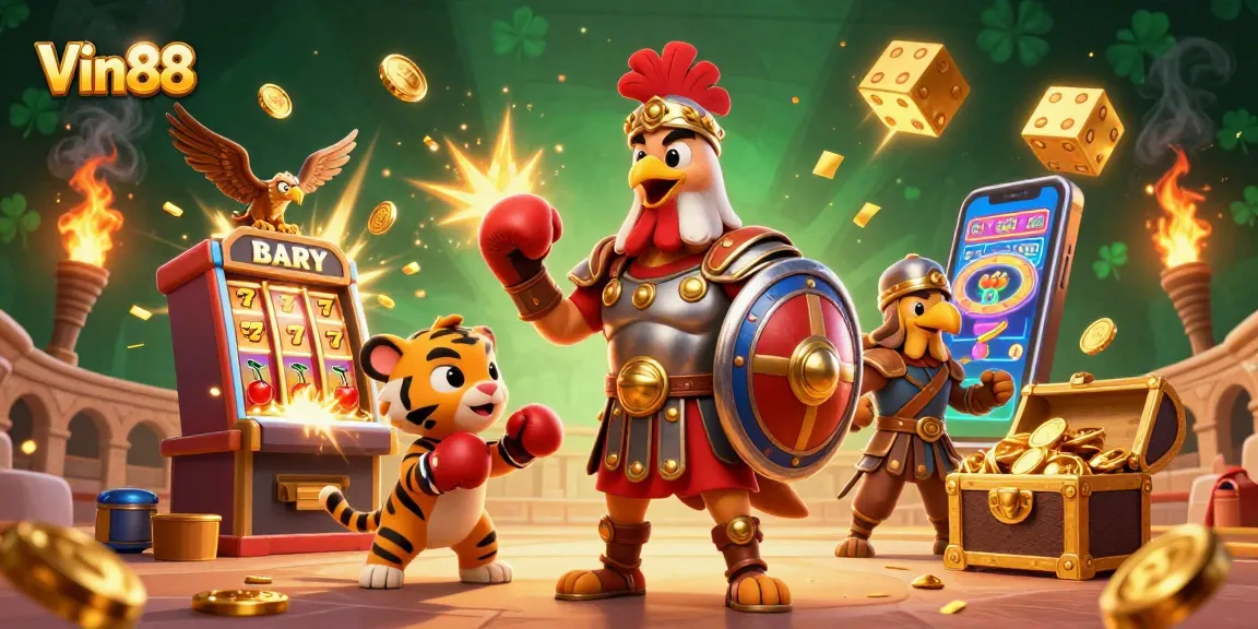 Spin to win with Vin88 in a vibrant casino scene featuring a gladiator rooster and sparring tiger cub.