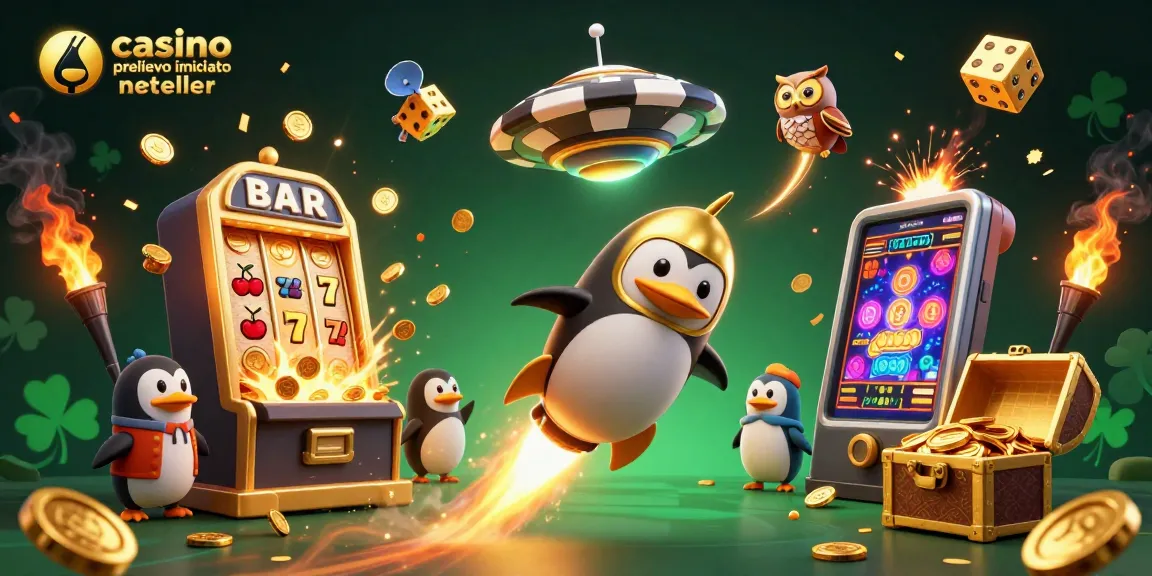 Vinci con il casino prelievo immediato neteller, divertente scena d'azione con un pinguino dorato e macchine da gioco.