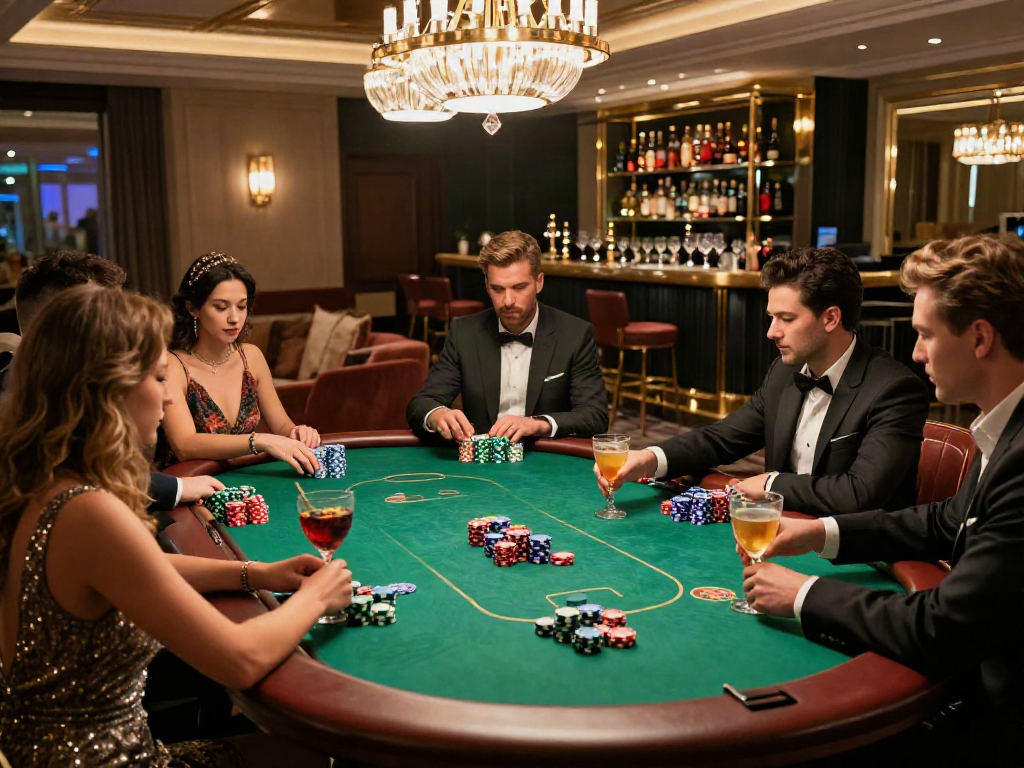 Suasana kasino online mewah dengan permainan poker di mana pemain mengenakan pakaian modis dan menikmati minuman, memperlihatkan kemewahan luxury12.