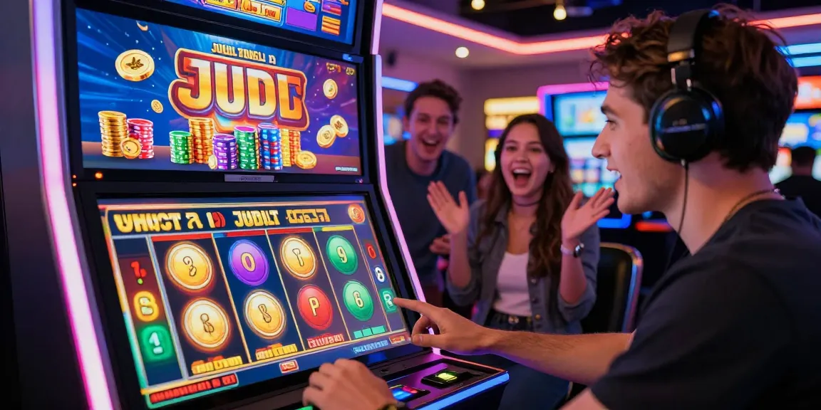 Excited player enjoying judi slot game on a tablet, surrounded by vibrant online casino atmosphere