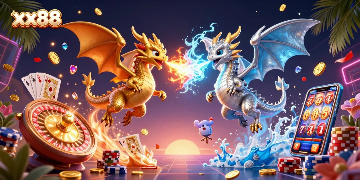 Experience excitement at xx88 with golden dragons and vibrant casino elements in a dynamic 3D scene.