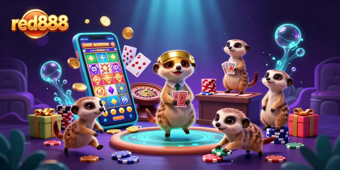 Experience excitement with red888 as meerkats operate a bustling casino filled with games and coins.