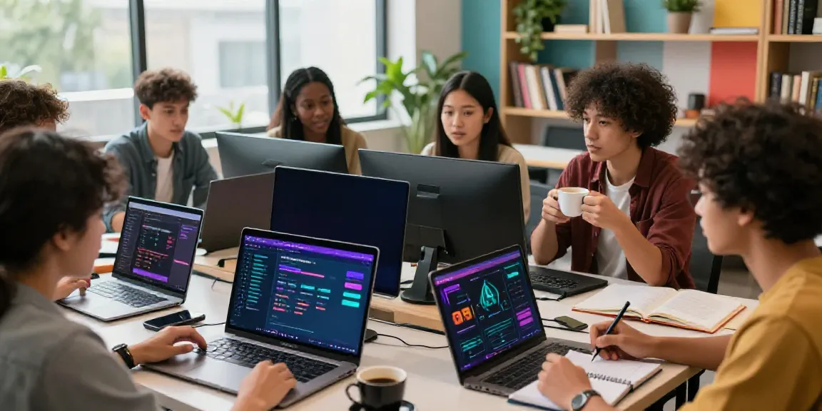 A group collaborating on Togel online strategies in a vibrant co-working space, showcasing engagement and enthusiasm.