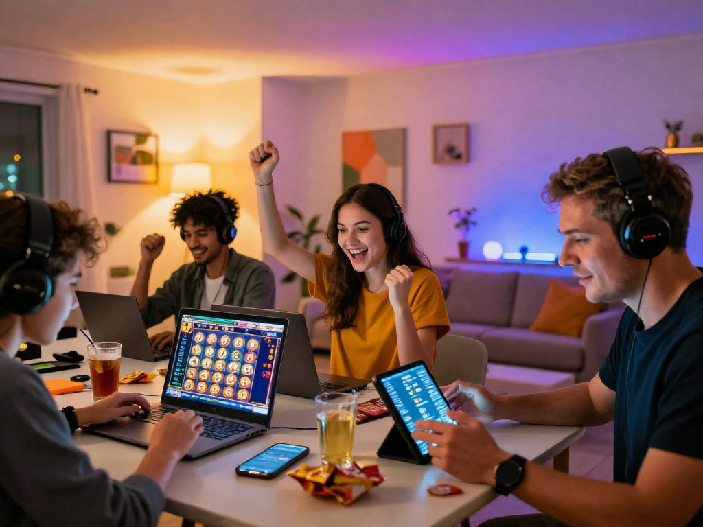 Diverse players enjoying slot online games in a vibrant home setup, celebrating wins with devices and snacks.