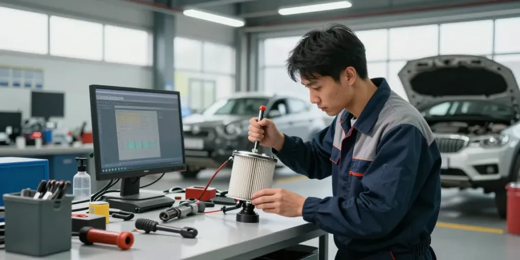 Professionelle DPF Reinigung in Hannover mit Mechaniker, der Dieselpartikelfilter überprüft.