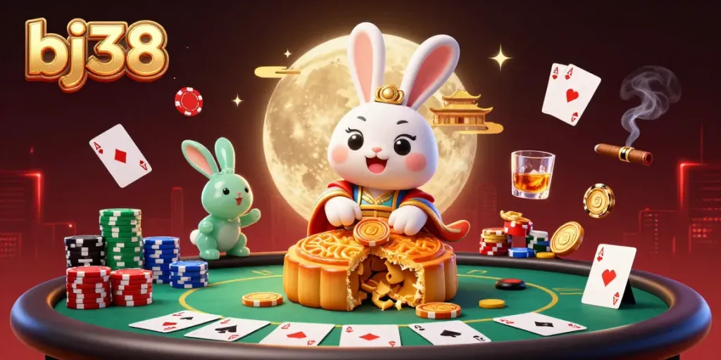 Join the excitement at bj38 as the moon rabbit reveals casino treasures amidst lively poker elements.