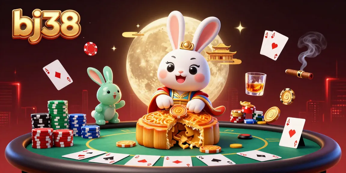 Join the excitement at bj38 as the moon rabbit reveals casino treasures amidst lively poker elements.