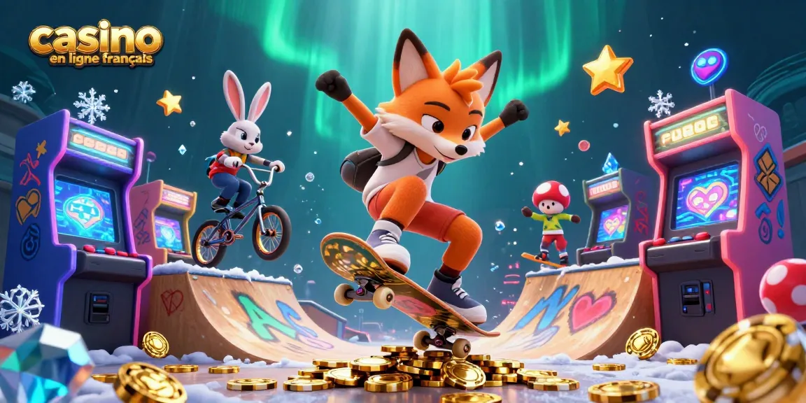Illustration d'un casino en ligne français avec un renard skateboardeur et un lapin BMX parmi des éléments de jeu dynamique.