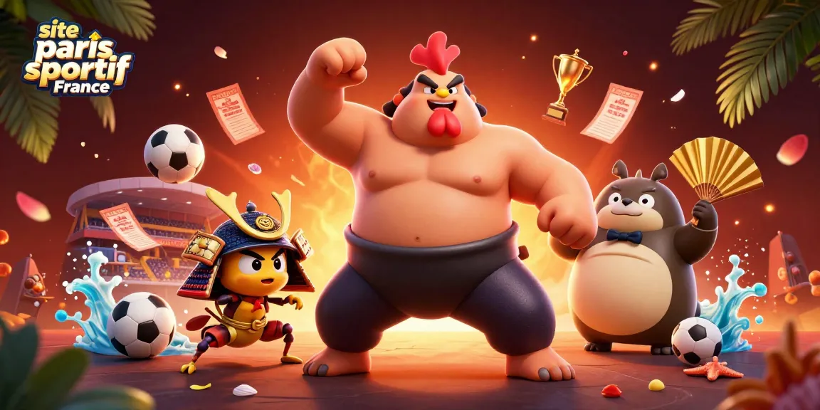 Image dynamique de personnages de casino avec le site paris sportif France comme thème, incluant un sumo et des éléments de mise.