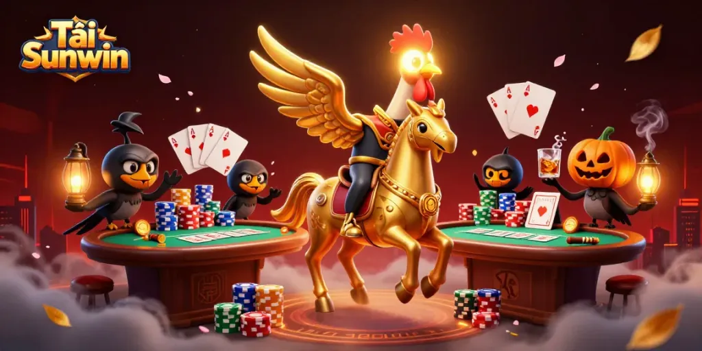 Tải Sunwin, immerse in the vibrant casino world with a golden rooster and crow companions.