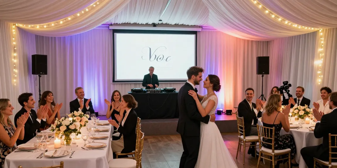 DJ für Hochzeit Berlin mit festlichem Ambiente und tanzendem Paar in romantischer Kulisse.