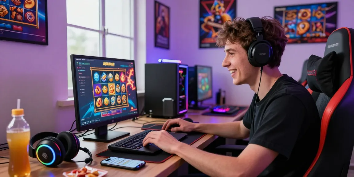 Engaging judi slot online experience with excited player at modern gaming setup