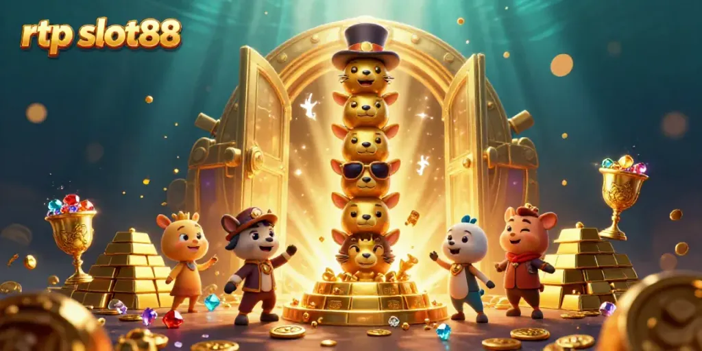 Gambar menjelaskan permainan slot rtp slot88 dengan totem emas yang berkilau dan aksesori kasino yang menarik.