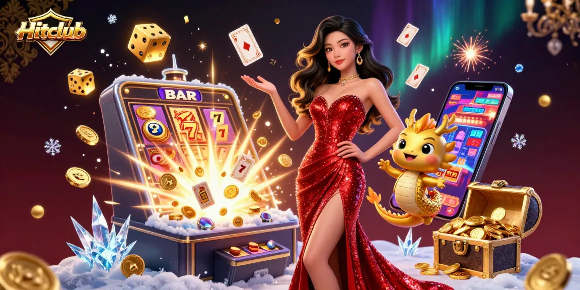 Hitclub showcases a stunning casino scene featuring a stylish woman, golden dragon mascot, and dynamic gaming elements.