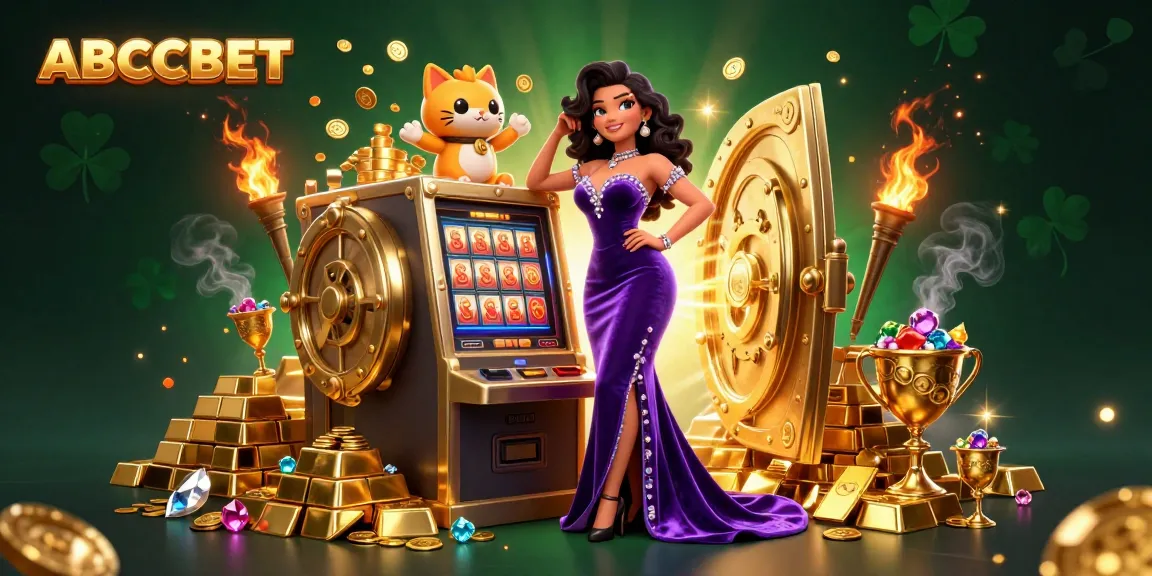 Win big with ABCBET at the jackpot slot machine, surrounded by golden treasures and vibrant gambling elements.