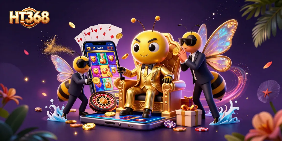 Spin and win with HT368 in this vibrant casino scene featuring dynamic characters and games