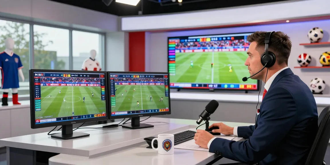 Live sports commentary studio during kora live events, capturing excitement.