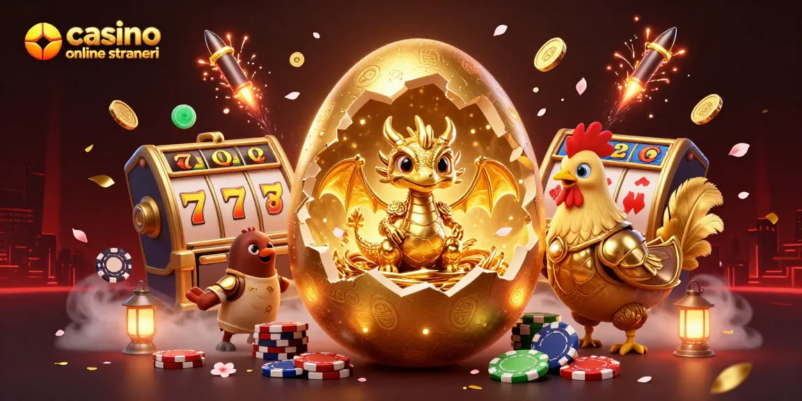 Slot machine con il drago dorato e giochi di casinò online stranieri immersi in un'atmosfera festosa.