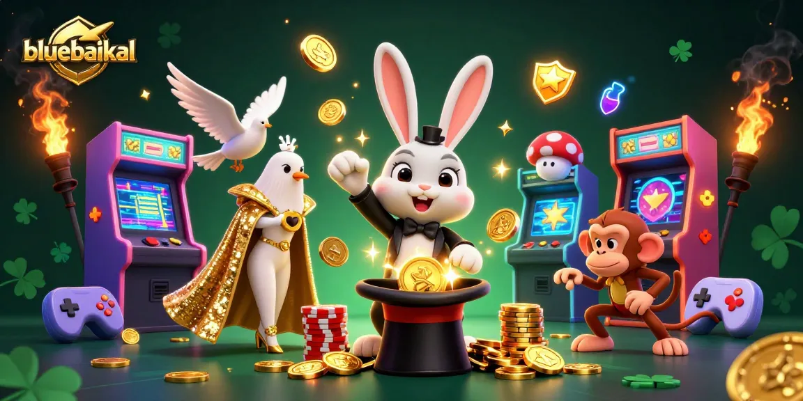 Experience exciting gambling with bluebaikal as a magician rabbit pulls coins amidst vibrant casino elements.