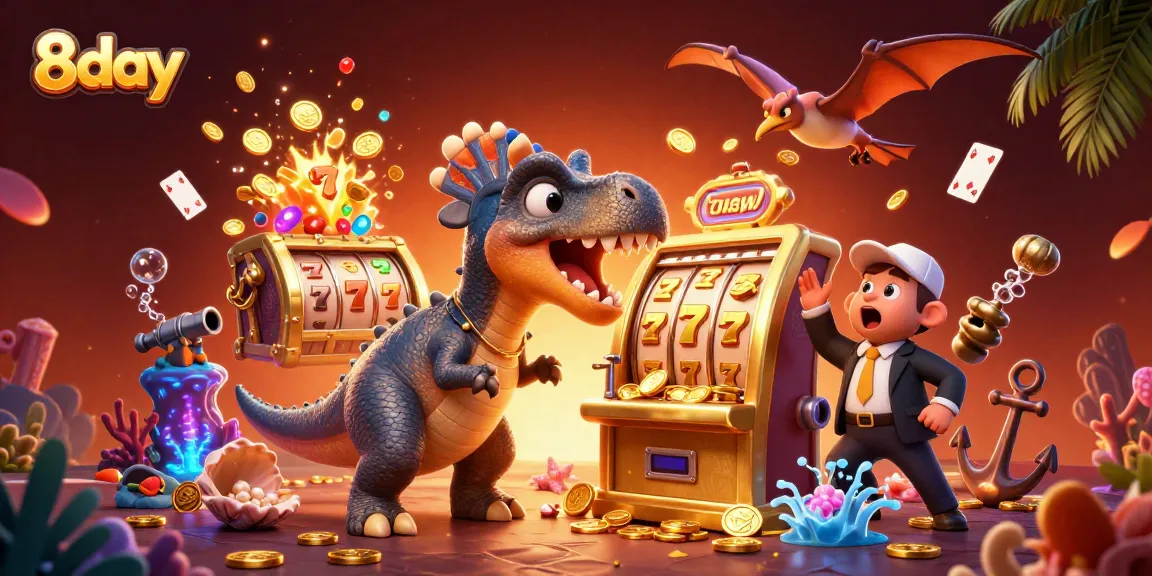8day spins the reels on a golden slot machine, catching flying coins in an exciting casino scenario