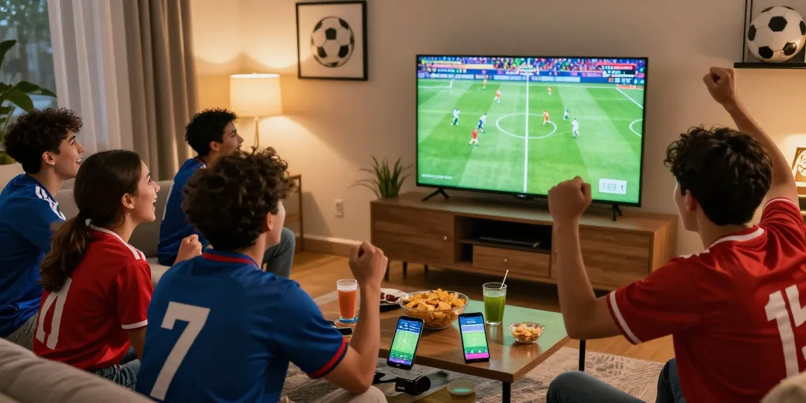 Football fans cheering for مباريات اليوم مباشر in a cozy living room with snacks and team jerseys, showcasing passionate sports viewing.